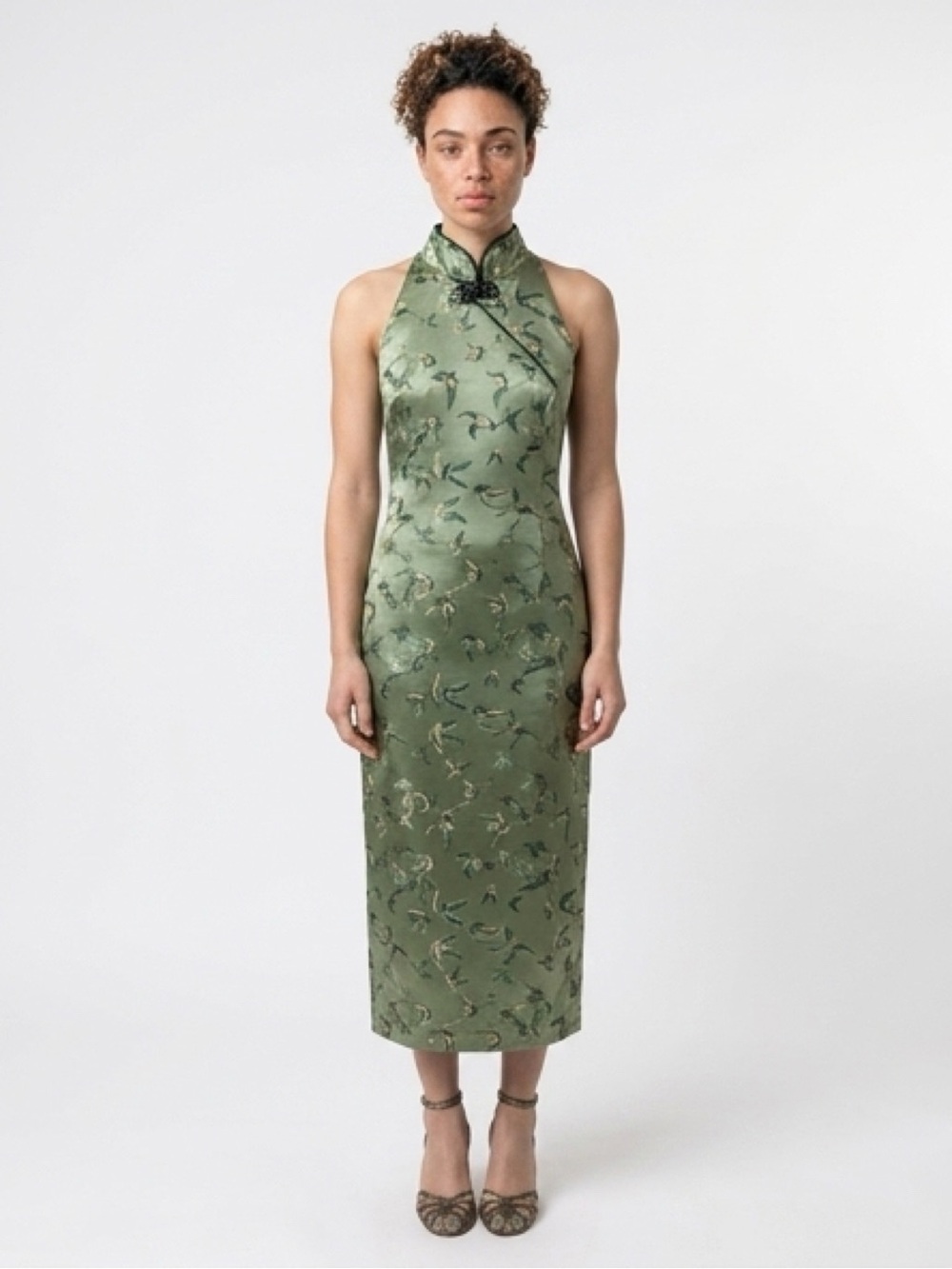 Custom Green Satin Patterned Halter Dress